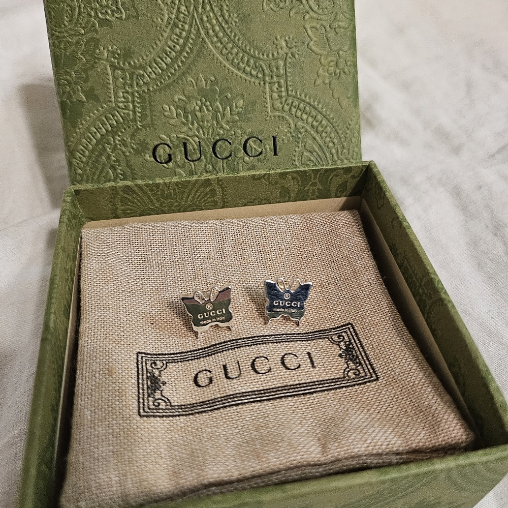 GUCCI Logo Butterfly Post Earrings Sterling Silver 925 NEW